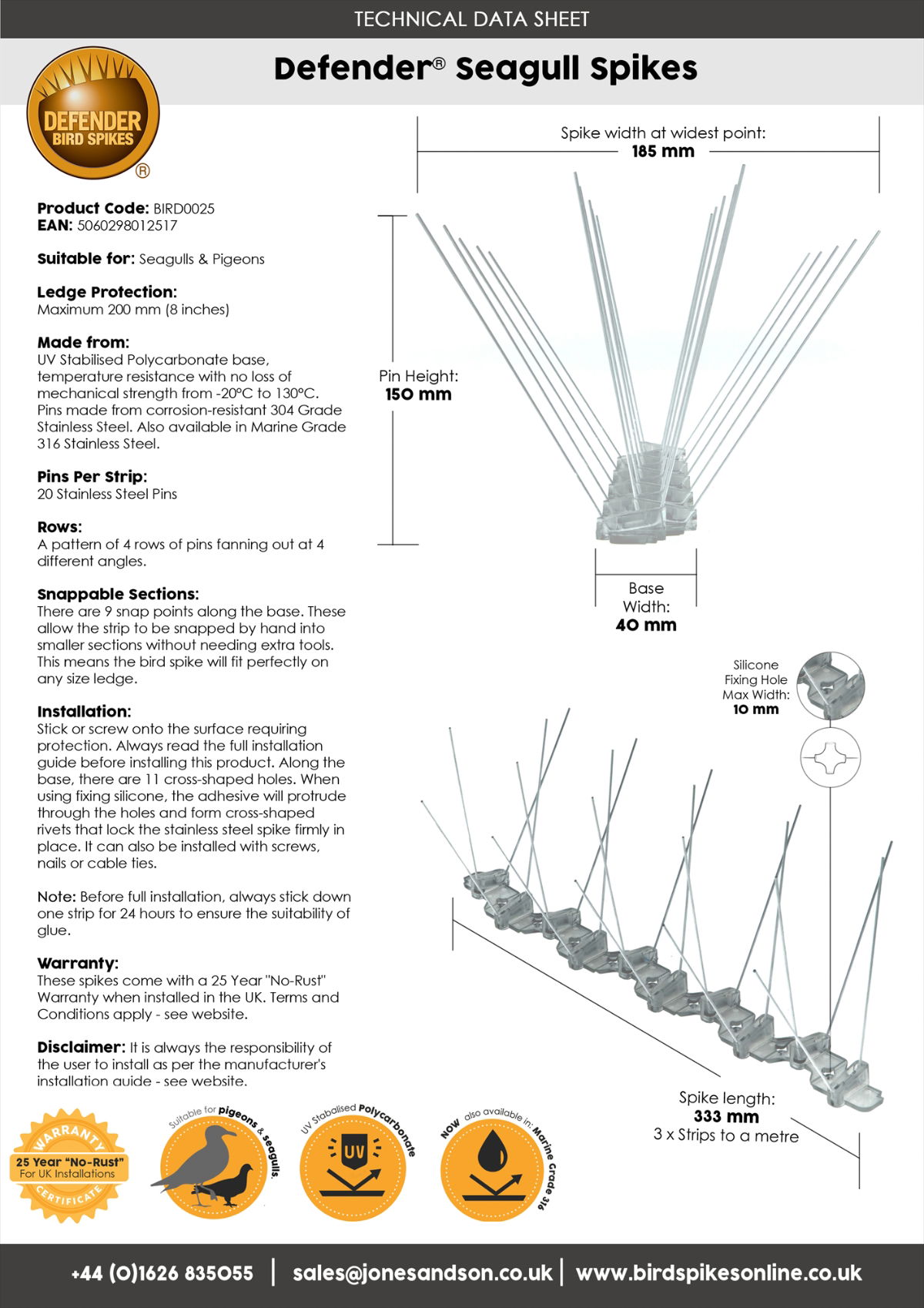 Defender® Seagull Spikes - Technical Data Sheet