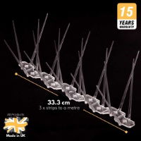 A single strip of Defender wide plastic bird spikes on a black background, showing a length of 33.3 cm with three strips per metre and a 15-year warranty badge.