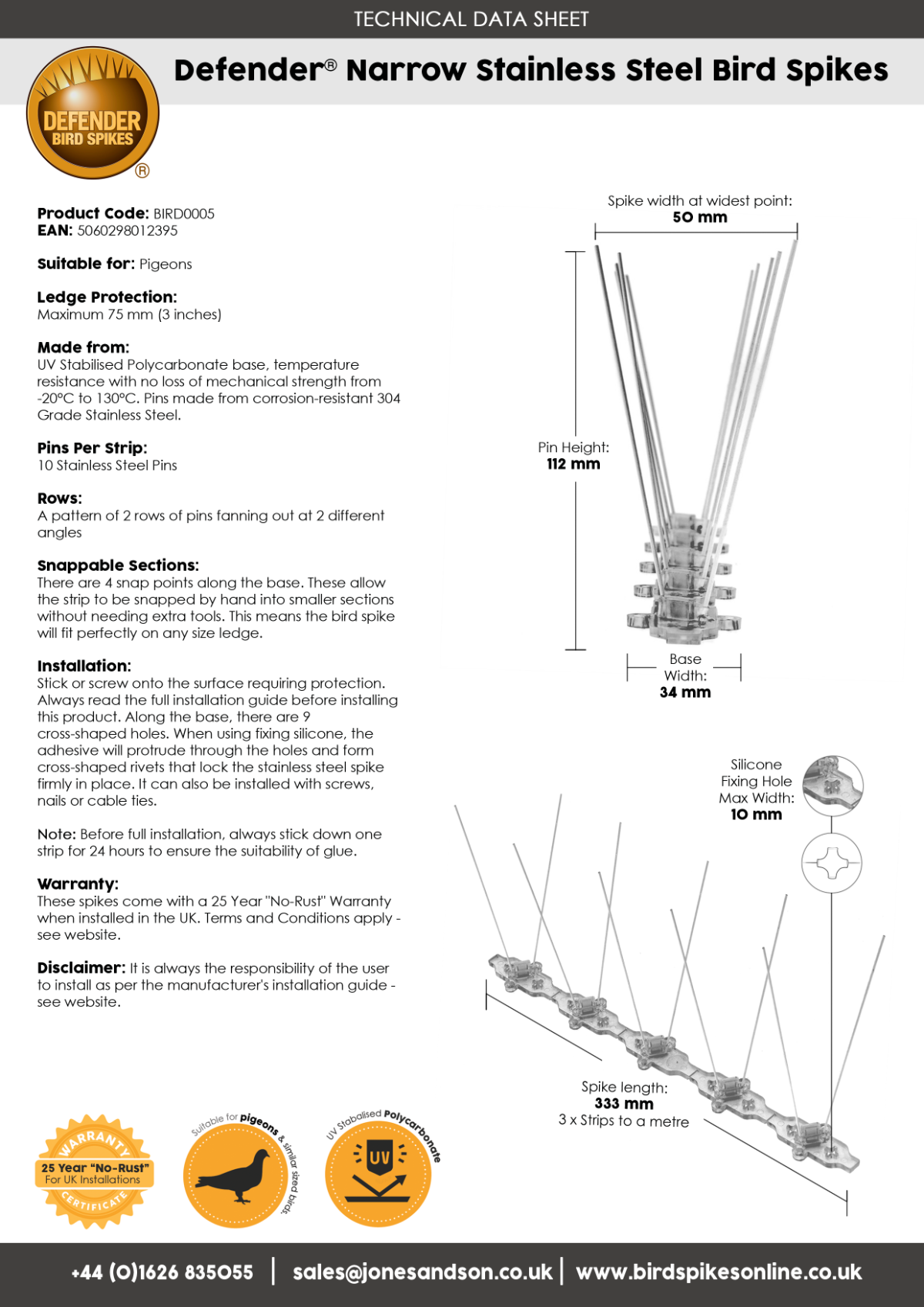 Defender® Narrow Stainless Steel Bird Spikes 