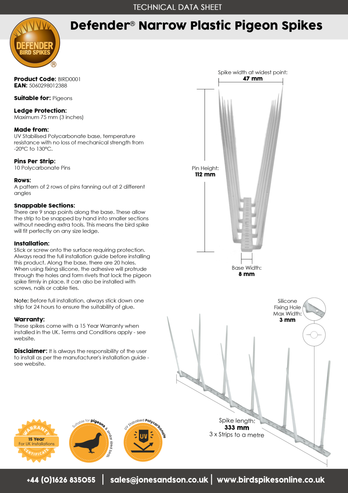 Defender® Narrow Plastic Pigeon Spike