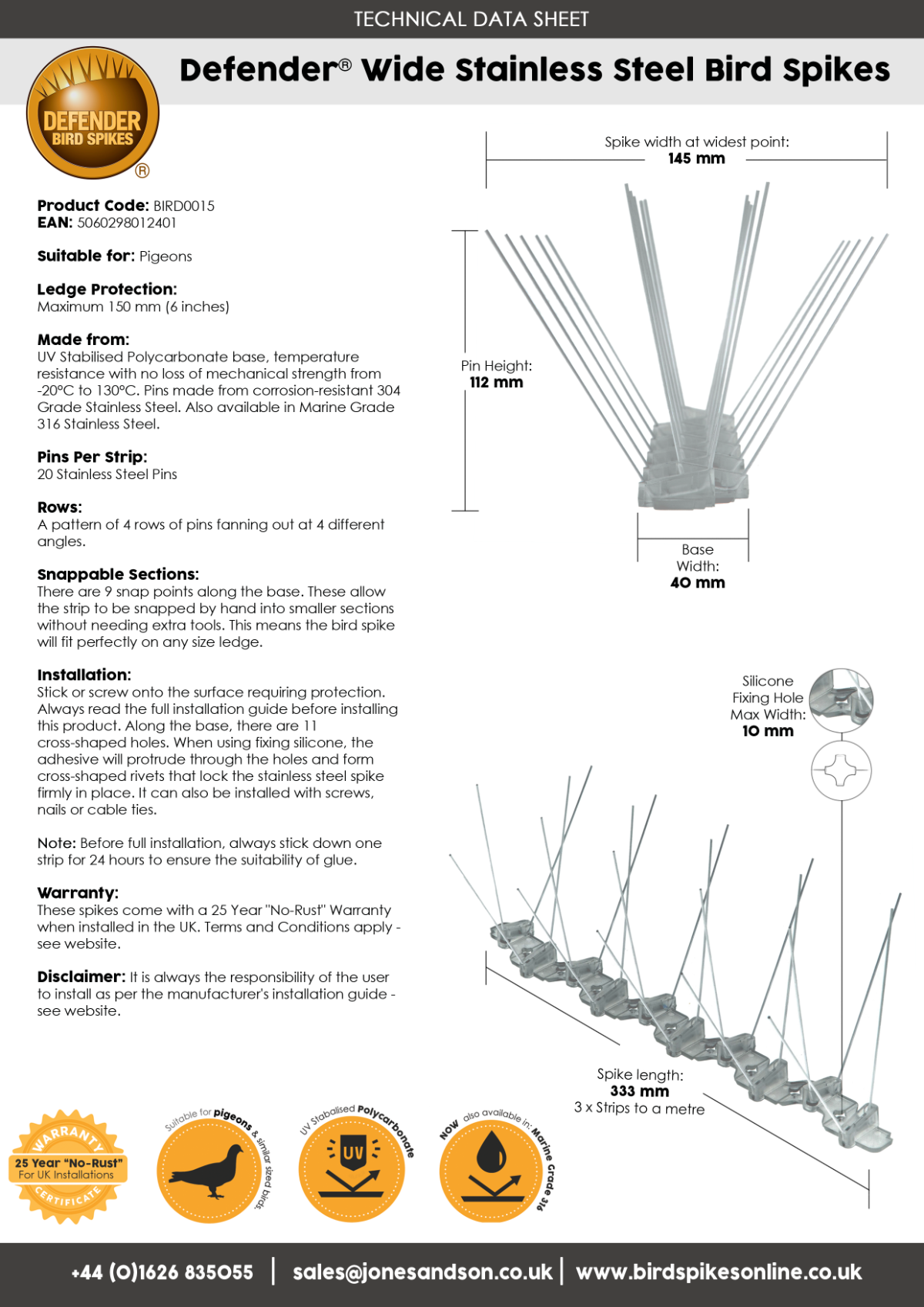 Defender® Wide Stainless Steel Bird Spikes