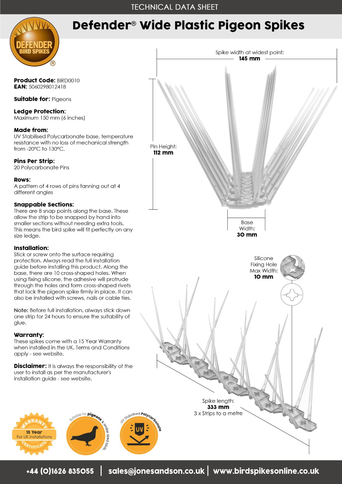 Defender® Wide Plastic Pigeon Spikes - Technical Data Sheet