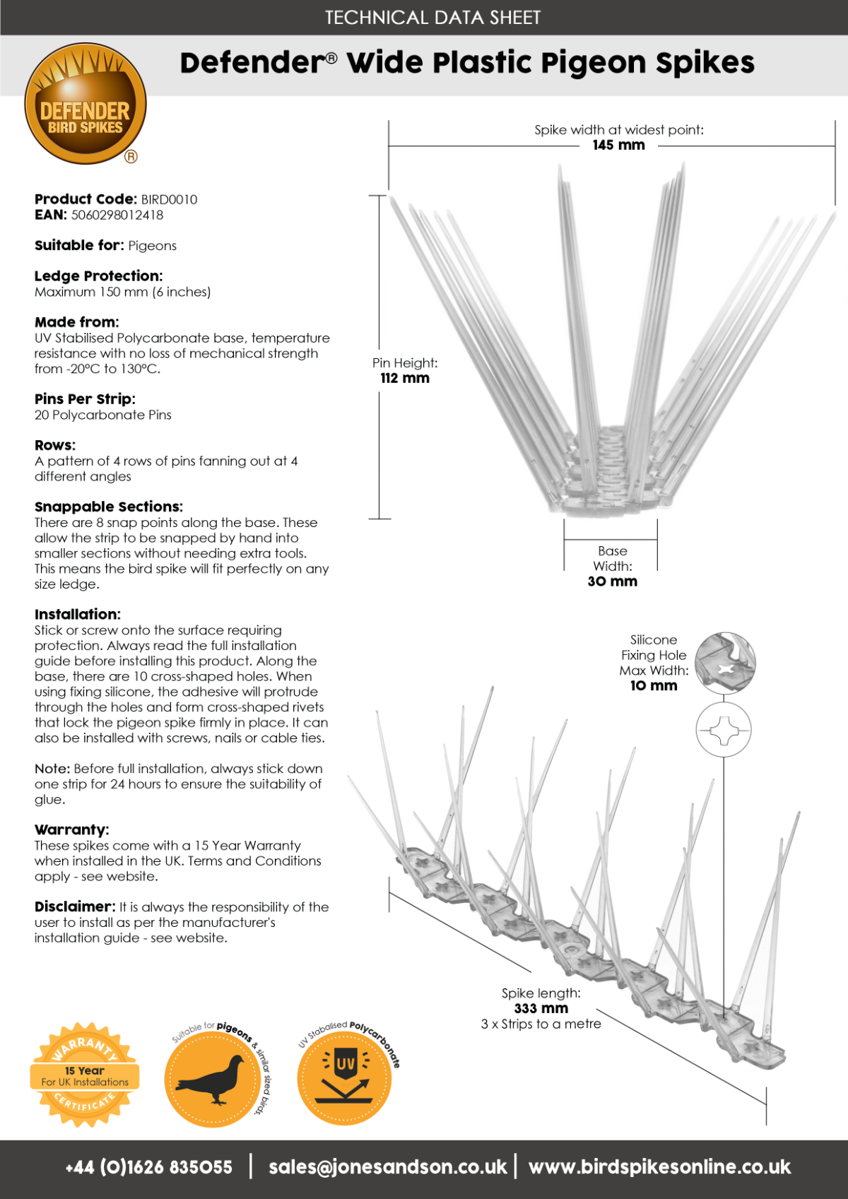 Defender® Wide Plastic Pigeon Spikes 