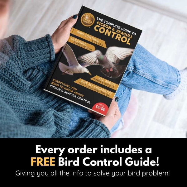 A person holding the 'Complete Guide to Pigeon & Seagull Control,' which comes free with every Defender Bird Spikes order, helping users tackle bird problems.