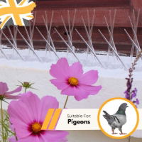 Close-up of Defender wide plastic bird spikes installed on a white window ledge, featuring a 'Suitable for Pigeons' badge with an image of a pigeon.