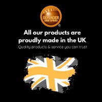 Defender Bird Spikes logo with text stating 'All our products are proudly made in the UK,' featuring a stylised UK flag.