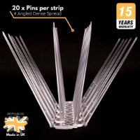 Close-up of Defender wide plastic bird spikes, showing the 20 individual pins per strip and four angled dense spread for optimal bird deterrence.