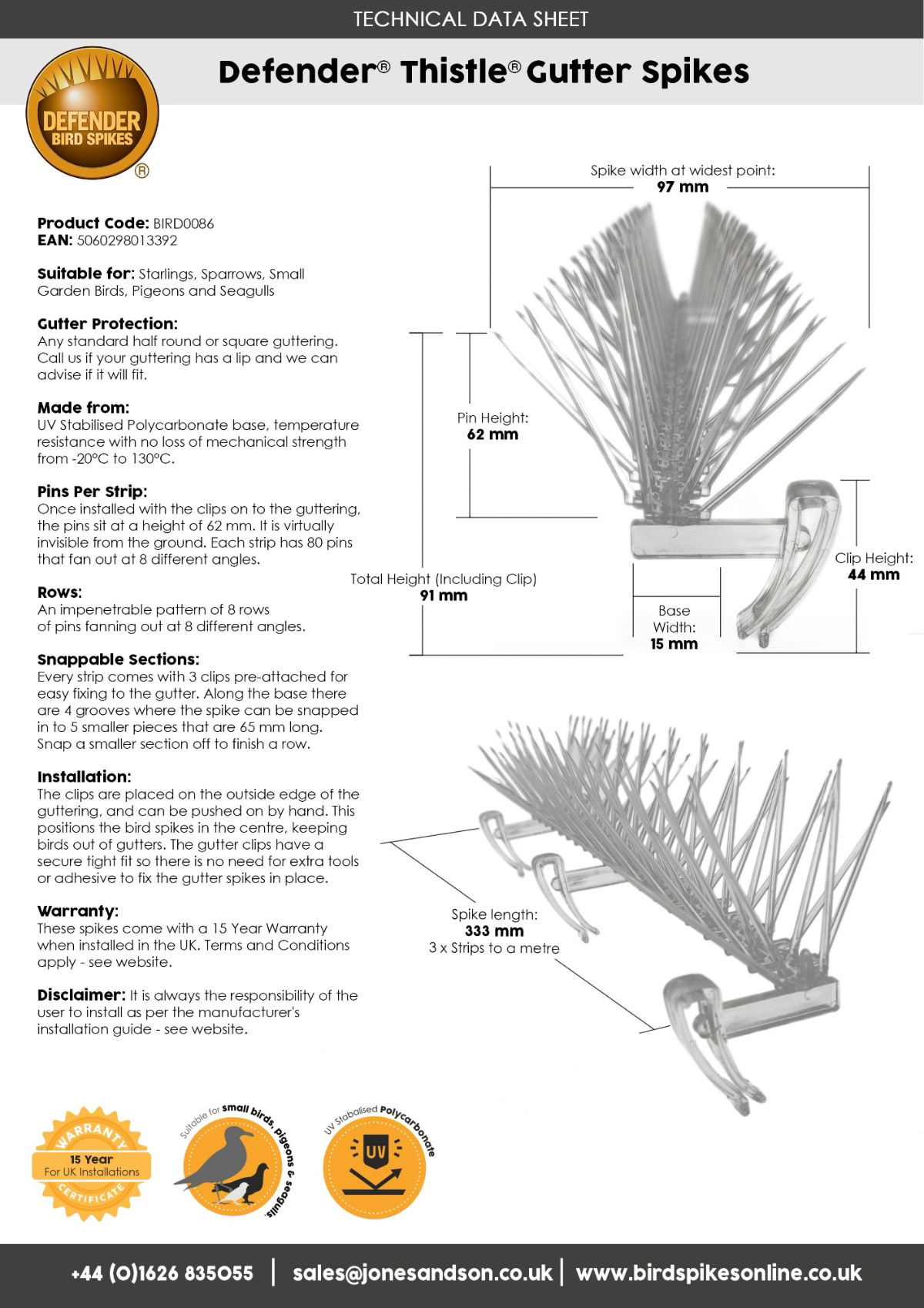 Defender® Thistle® Gutter Spikes - Technical Data Sheet